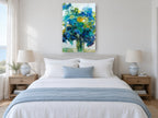 Blue Garden Bouquet floral canvas print on the wall of a coastal bedroom