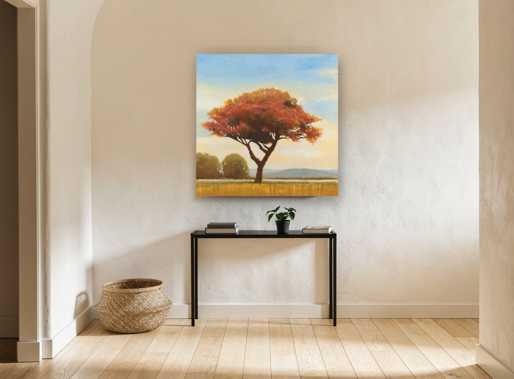 Russet Tree at Dusk floral canvas print on the wall of a hallway