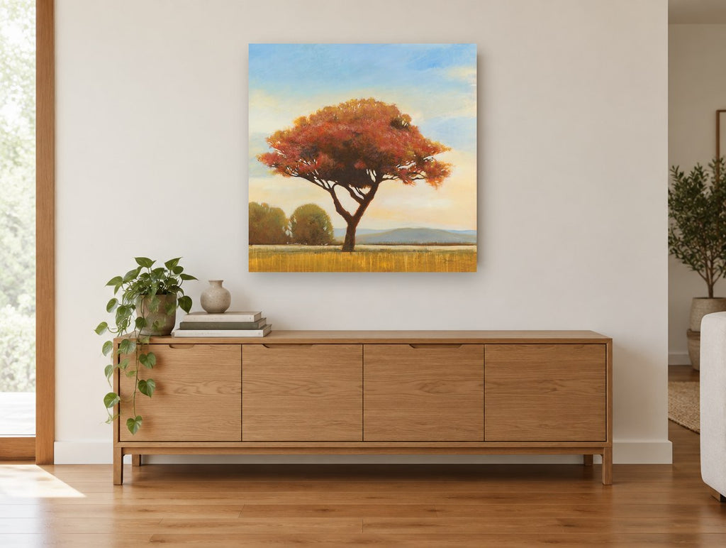 Russet Tree at Dusk floral canvas print on the wall of a living room above a sideboard