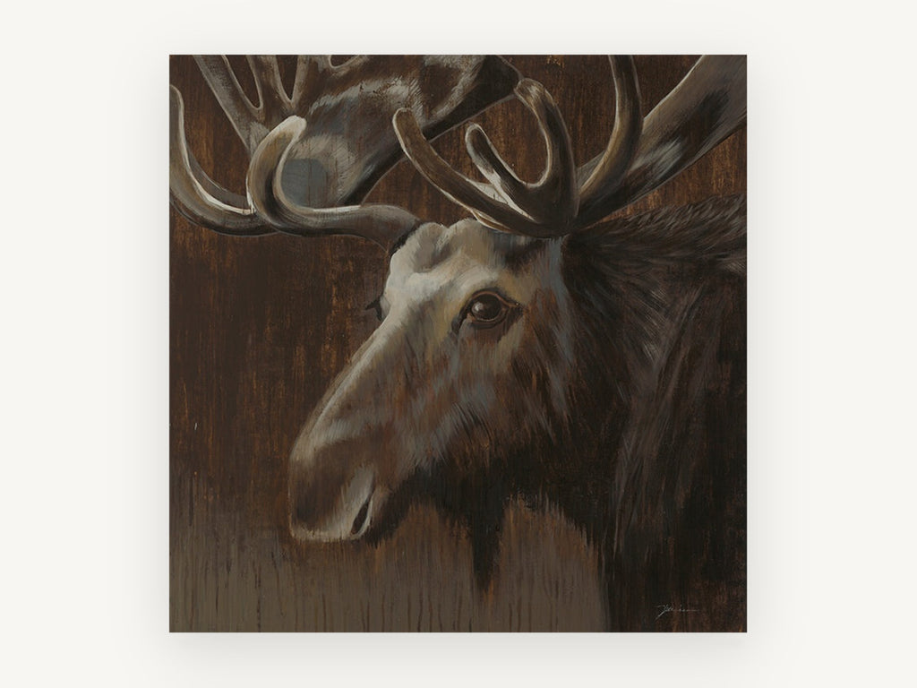 Brooding Bull Moose, moose portrait wall art painting, animal canvas wall art print, front view