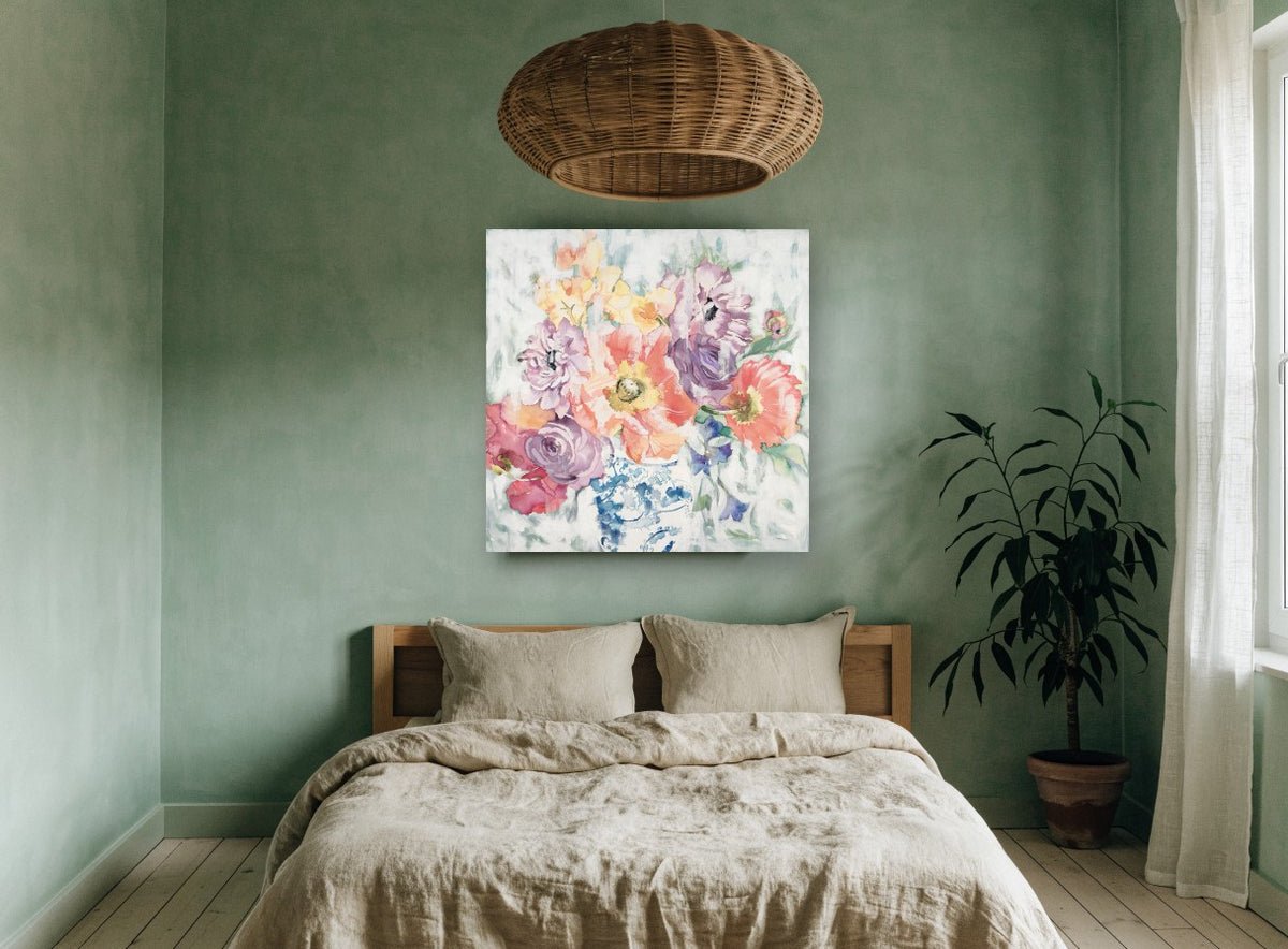 Blue Jar Poppy Bouquet floral canvas print on the wall of a bedroom