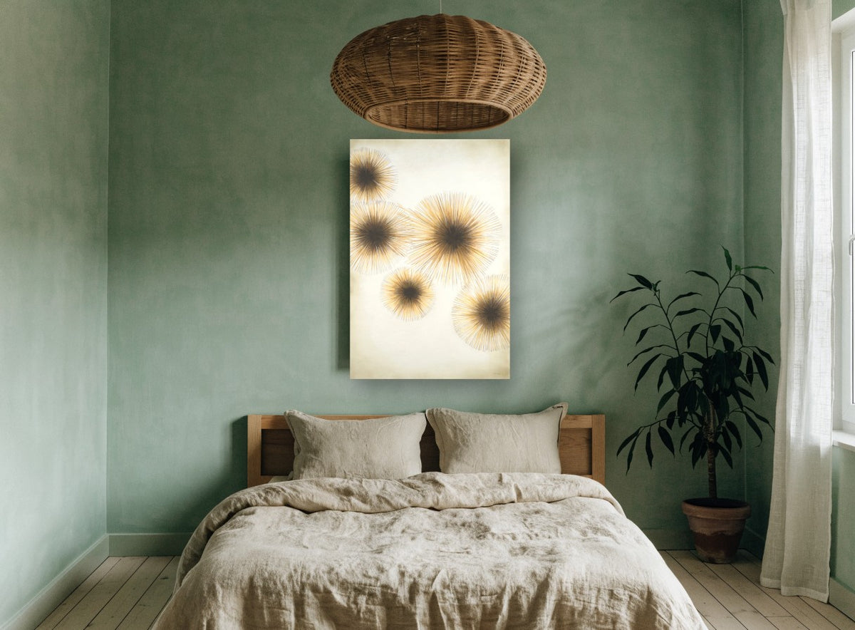 Golden Starburst Cluster floral canvas print on the wall of a bedroom