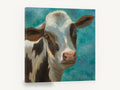 Teal Sky Heifer, brown and white cow portrait, animal canvas wall art print ready to hang