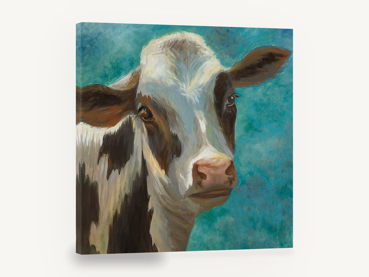 Teal Sky Heifer, brown and white cow portrait, animal canvas wall art print ready to hang