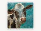 Teal Sky Heifer, brown and white cow portrait, animal canvas wall art print, front view