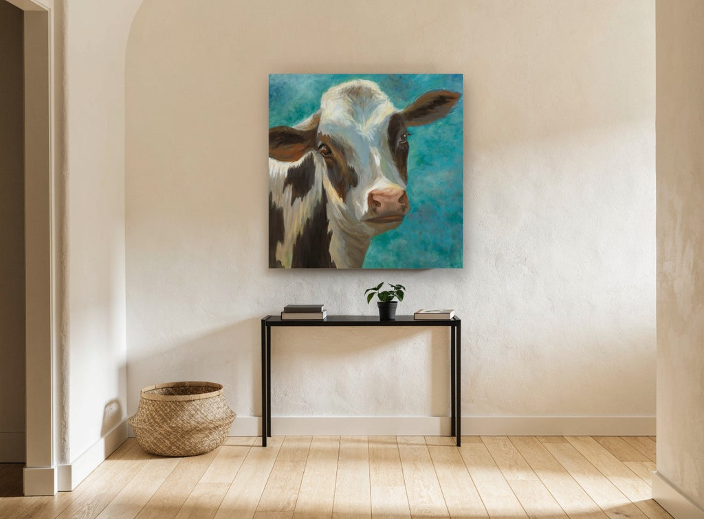 Teal Sky Heifer animal canvas print on the wall of a hallway