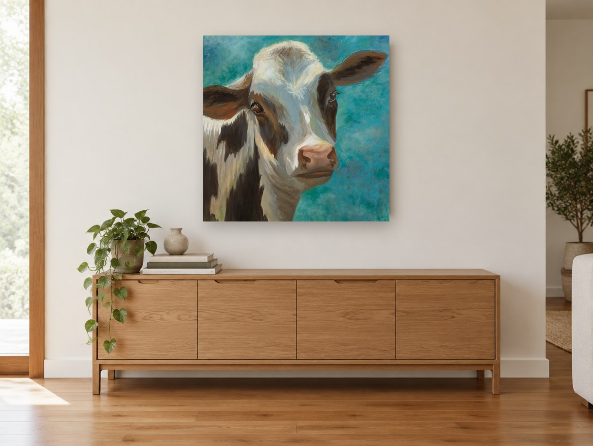 Teal Sky Heifer animal canvas print on the wall of a living room above a sideboard