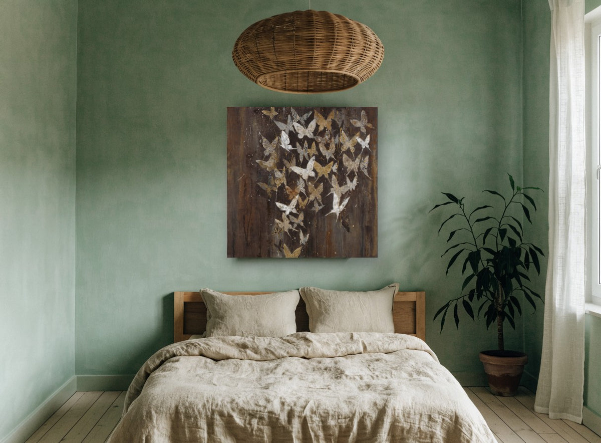 Gilded Butterfly Flurry floral canvas print on the wall of a bedroom