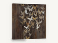 Gilded Butterfly Flurry, gold and silver butterflies on dark brown, floral canvas wall art print ready to hang