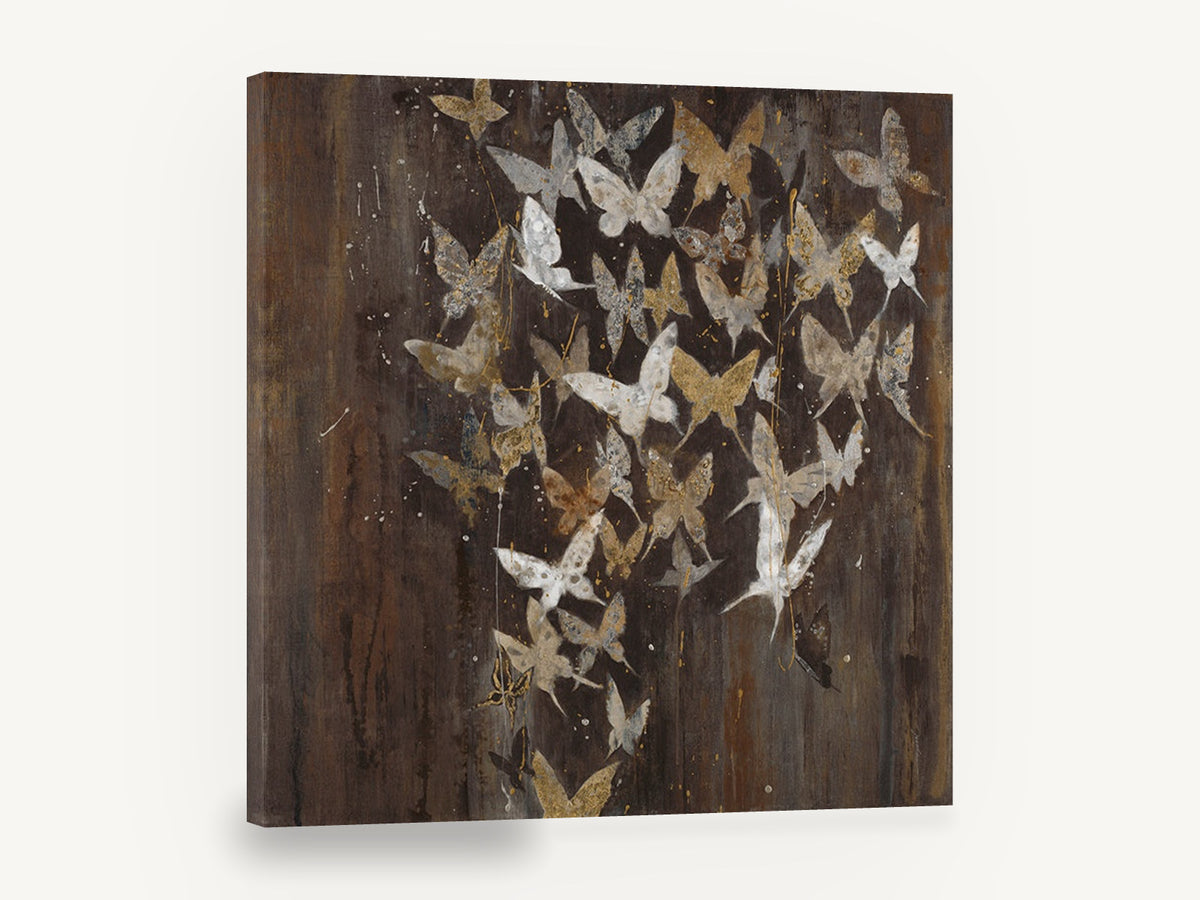 Gilded Butterfly Flurry, gold and silver butterflies on dark brown, floral canvas wall art print ready to hang