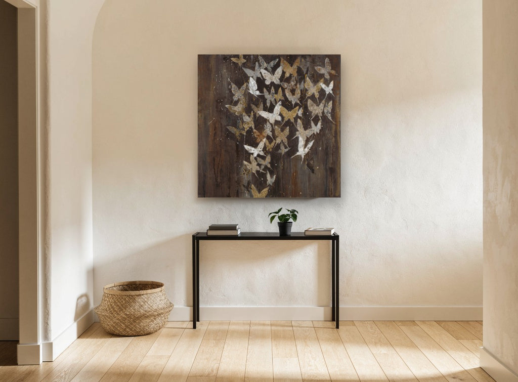 Gilded Butterfly Flurry floral canvas print on the wall of a hallway