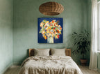 Marigold Night Bouquet floral canvas print on the wall of a bedroom