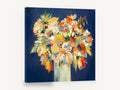 Marigold Night Bouquet, orange floral bouquet navy background, floral canvas wall art print ready to hang
