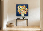 Marigold Night Bouquet floral canvas print on the wall of a hallway