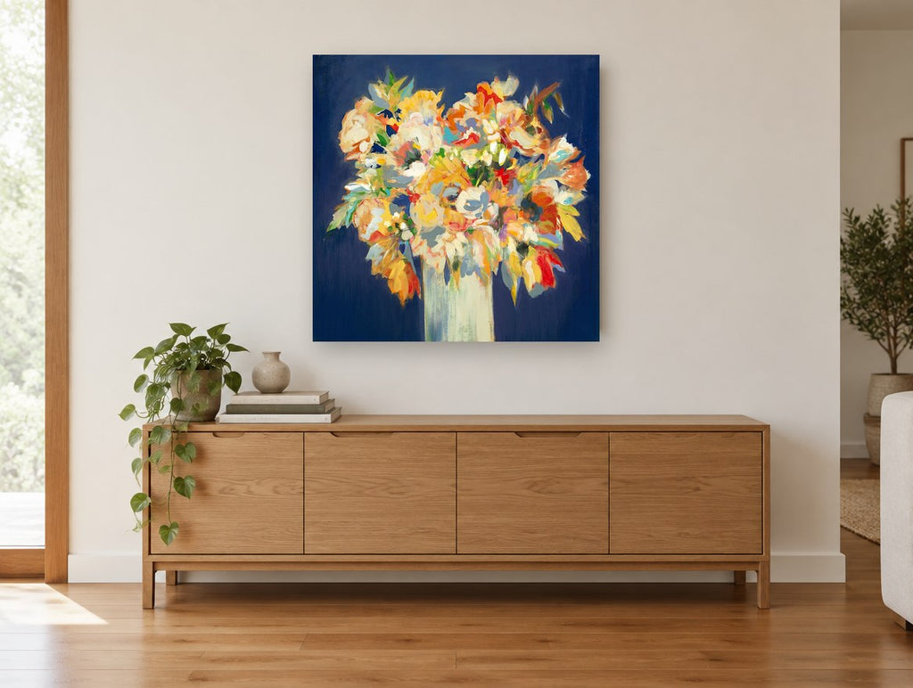 Marigold Night Bouquet floral canvas print on the wall of a living room above a sideboard