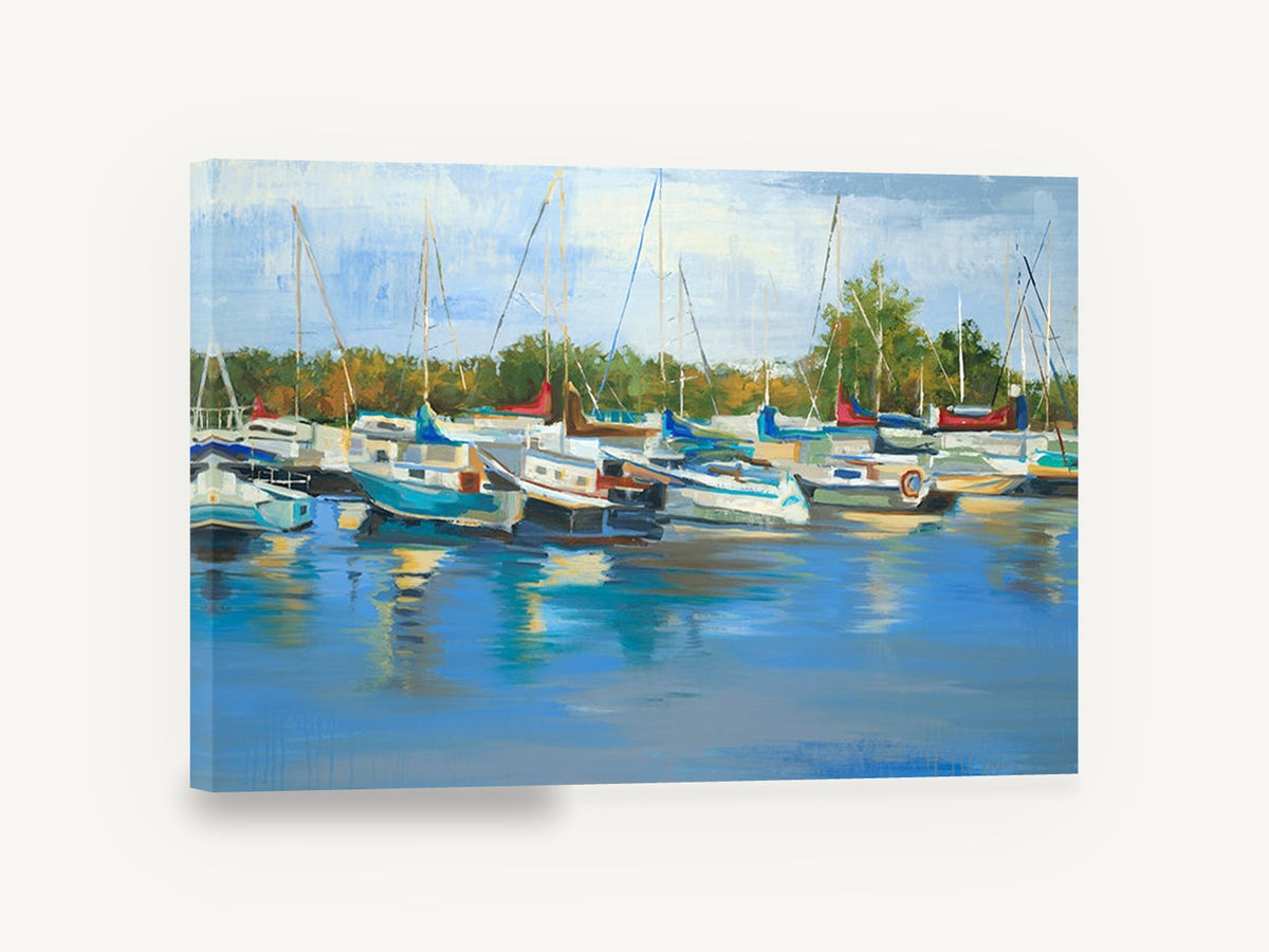 Marina Morning Reflections, sailboats moored in marina painting, coastal canvas wall art print ready to hang