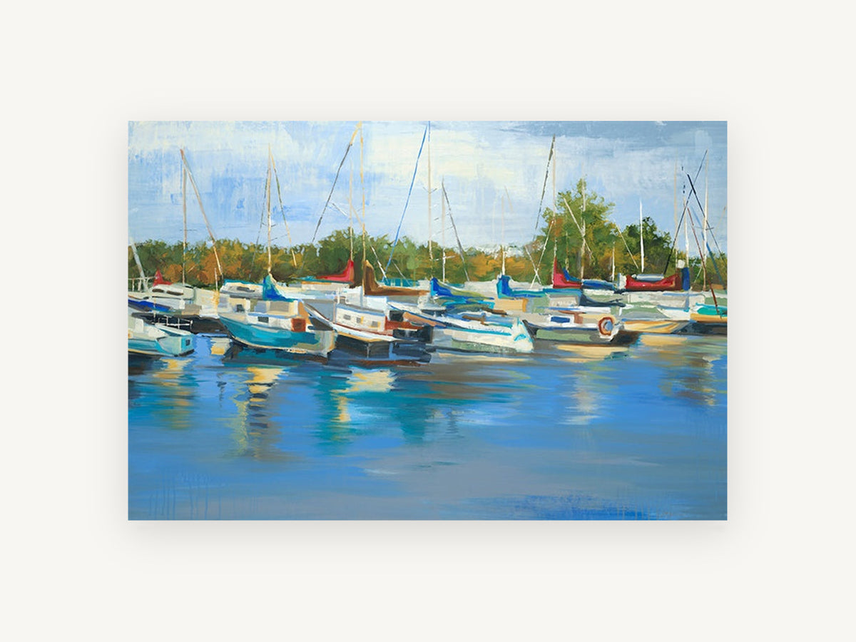 Marina Morning Reflections, coastal canvas wall art print, front view