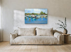 Marina Morning Reflections coastal canvas print on the wall of a living room