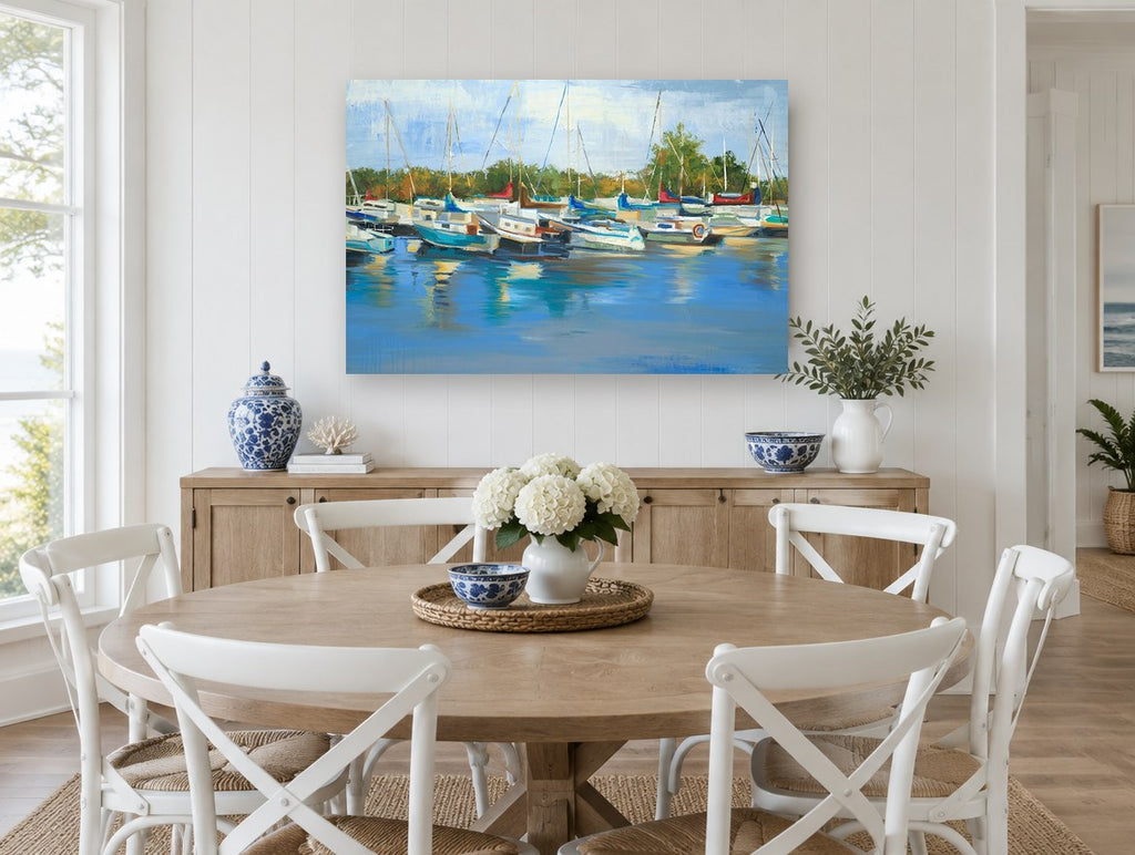 Marina Morning Reflections coastal canvas print on the wall of a Hamptons dining room