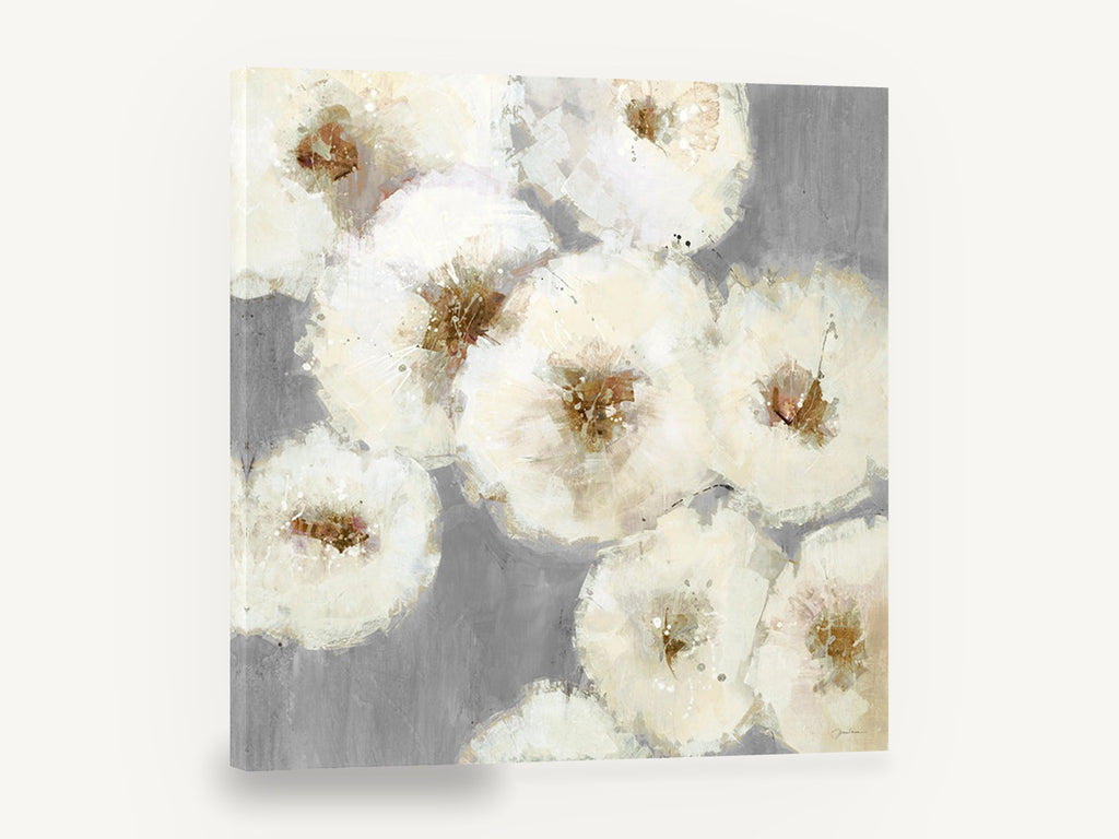 Ivory Blooms on Grey, white flowers grey background abstract, floral canvas wall art print ready to hang