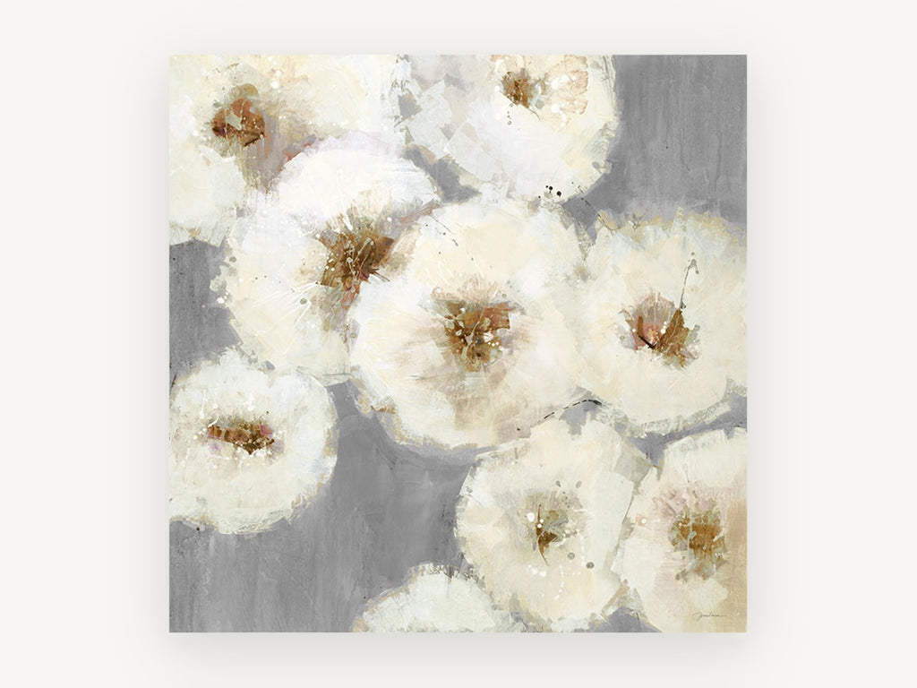 Ivory Blooms on Grey, floral canvas wall art print, front view
