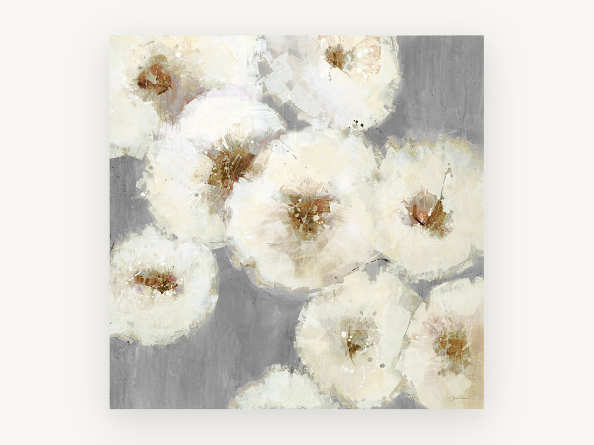 Ivory Blooms on Grey, floral canvas wall art print, front view