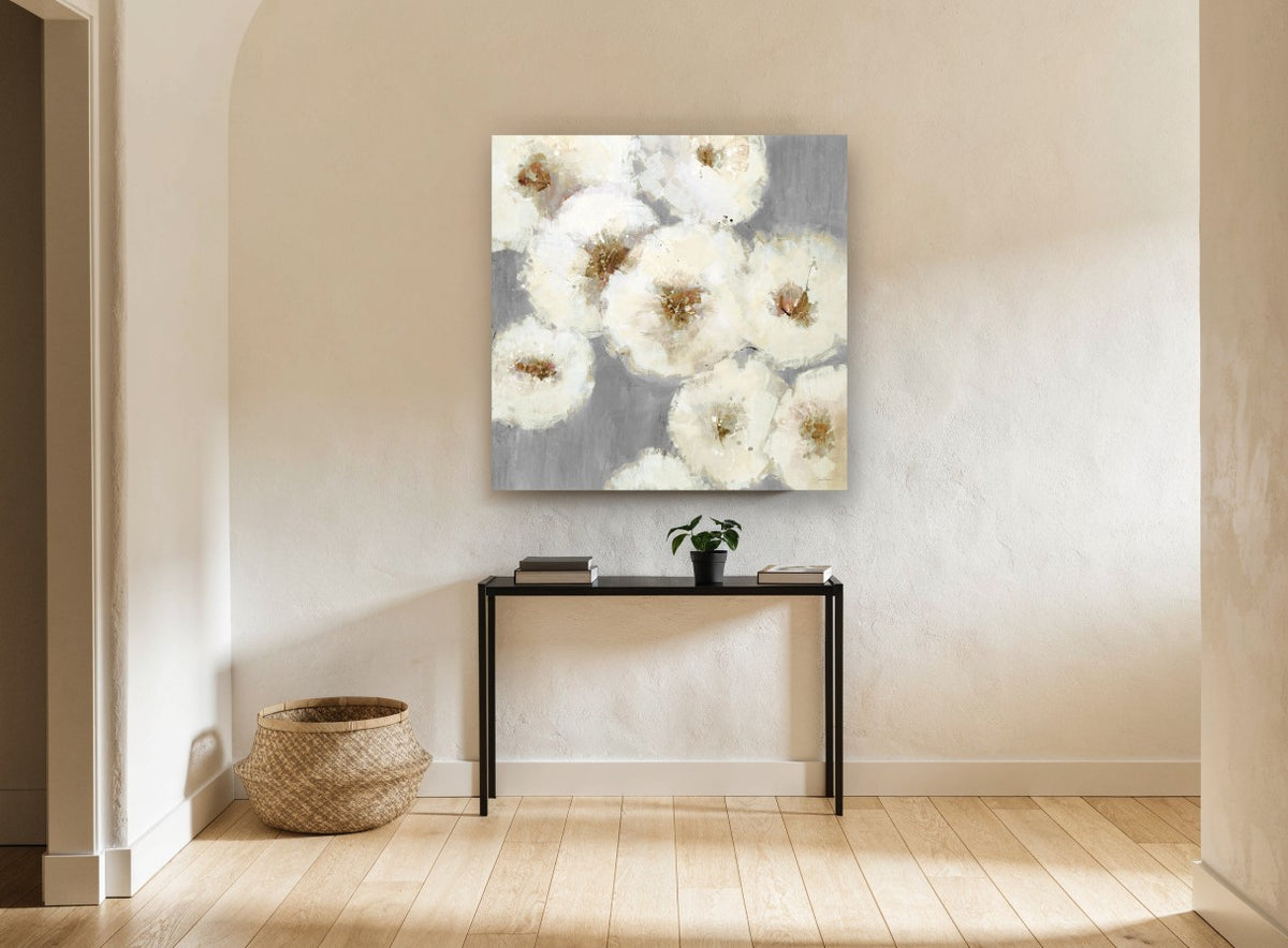 Ivory Blooms on Grey floral canvas print on the wall of a hallway