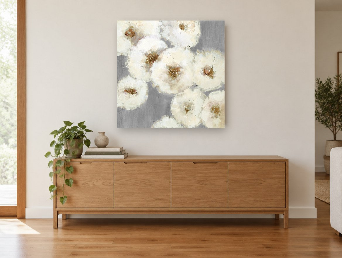 Ivory Blooms on Grey floral canvas print on the wall of a living room above a sideboard