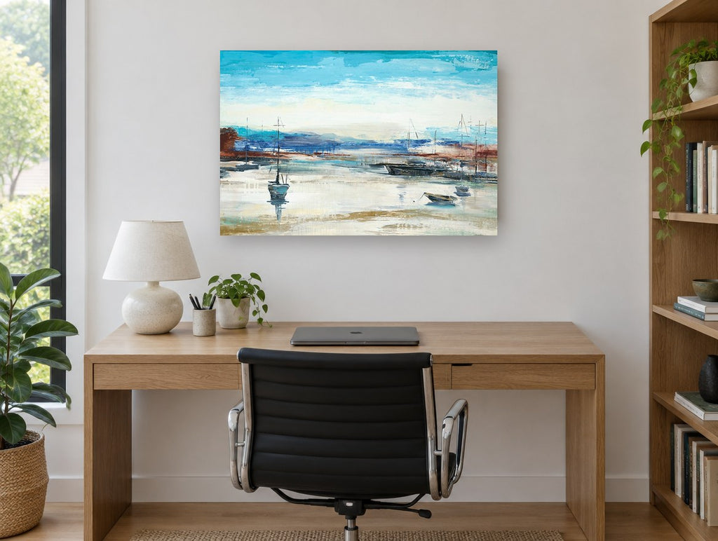 Low Tide Moorings coastal canvas print on the wall of a study