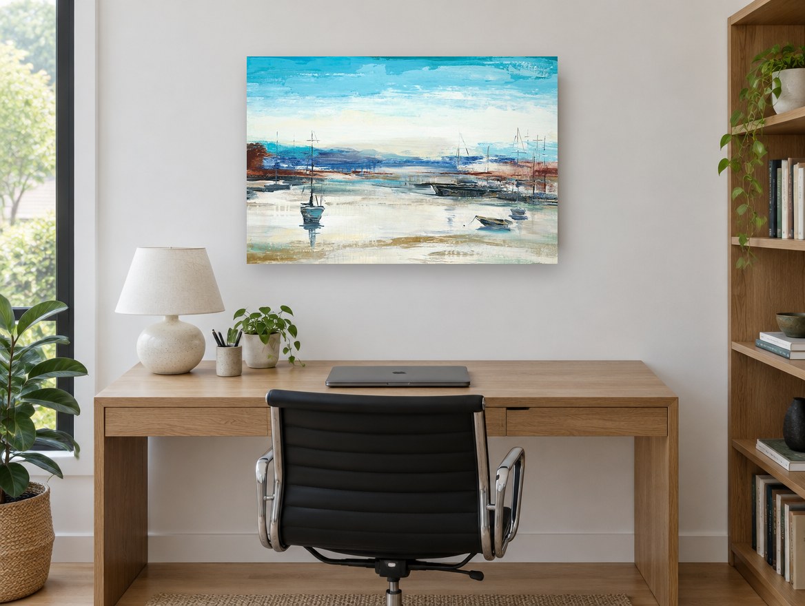 Low Tide Moorings coastal canvas print on the wall of a study