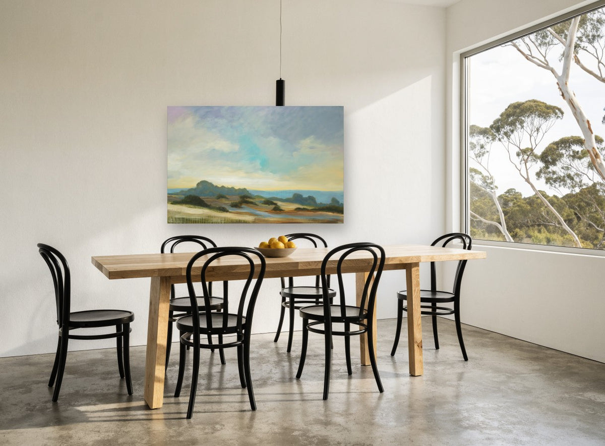 Pale Dunes Morning landscape canvas print on the wall of a dining room