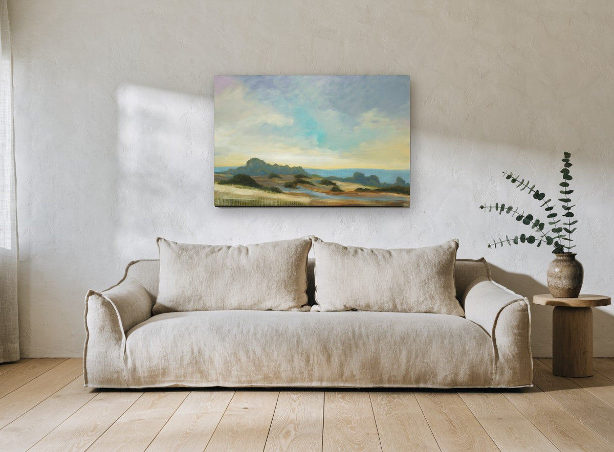 Pale Dunes Morning landscape canvas print on the wall of a living room