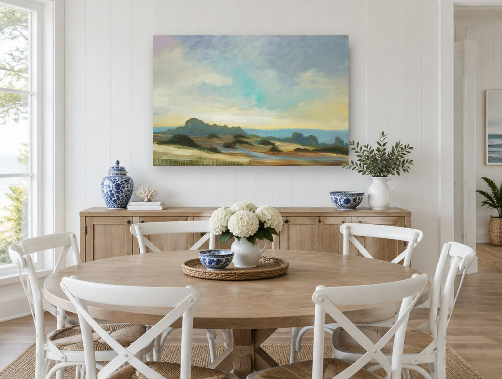 Pale Dunes Morning landscape canvas print on the wall of a Hamptons dining room