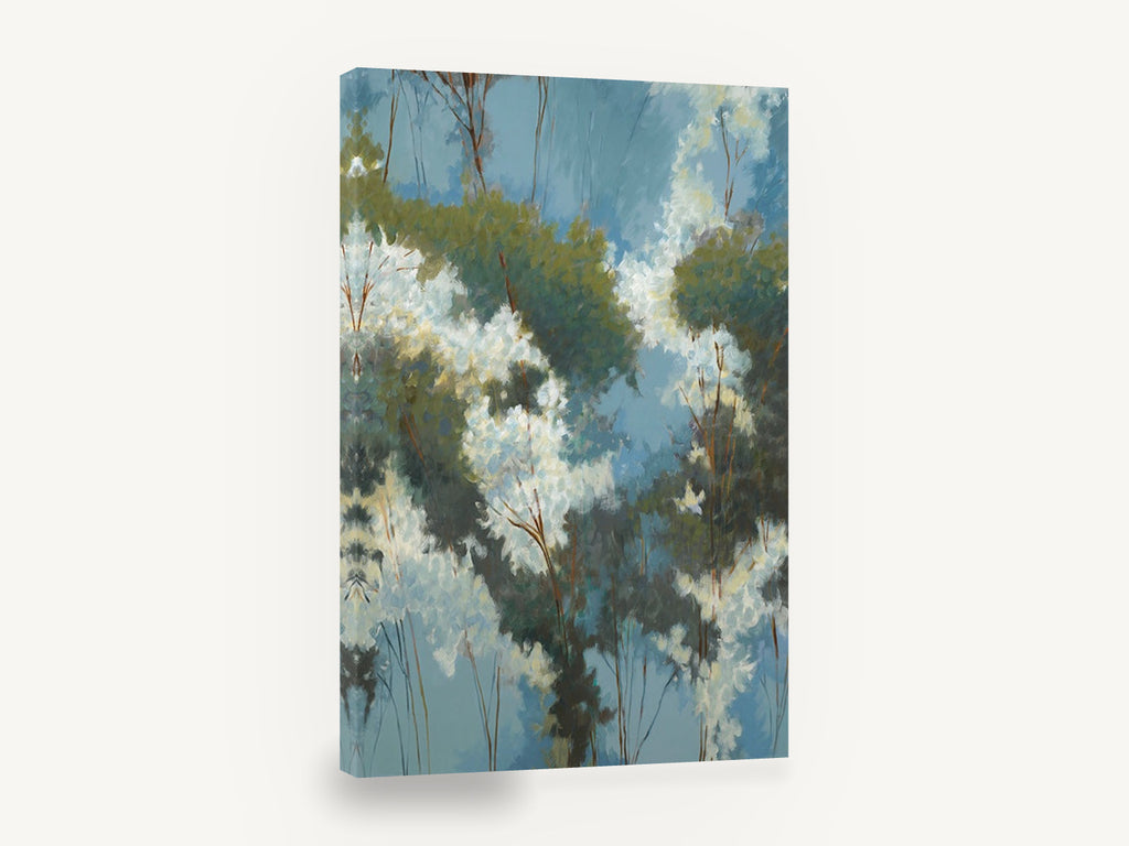 Blossom Canopy Blue, white blossom canopy blue sky painting, floral canvas wall art print ready to hang