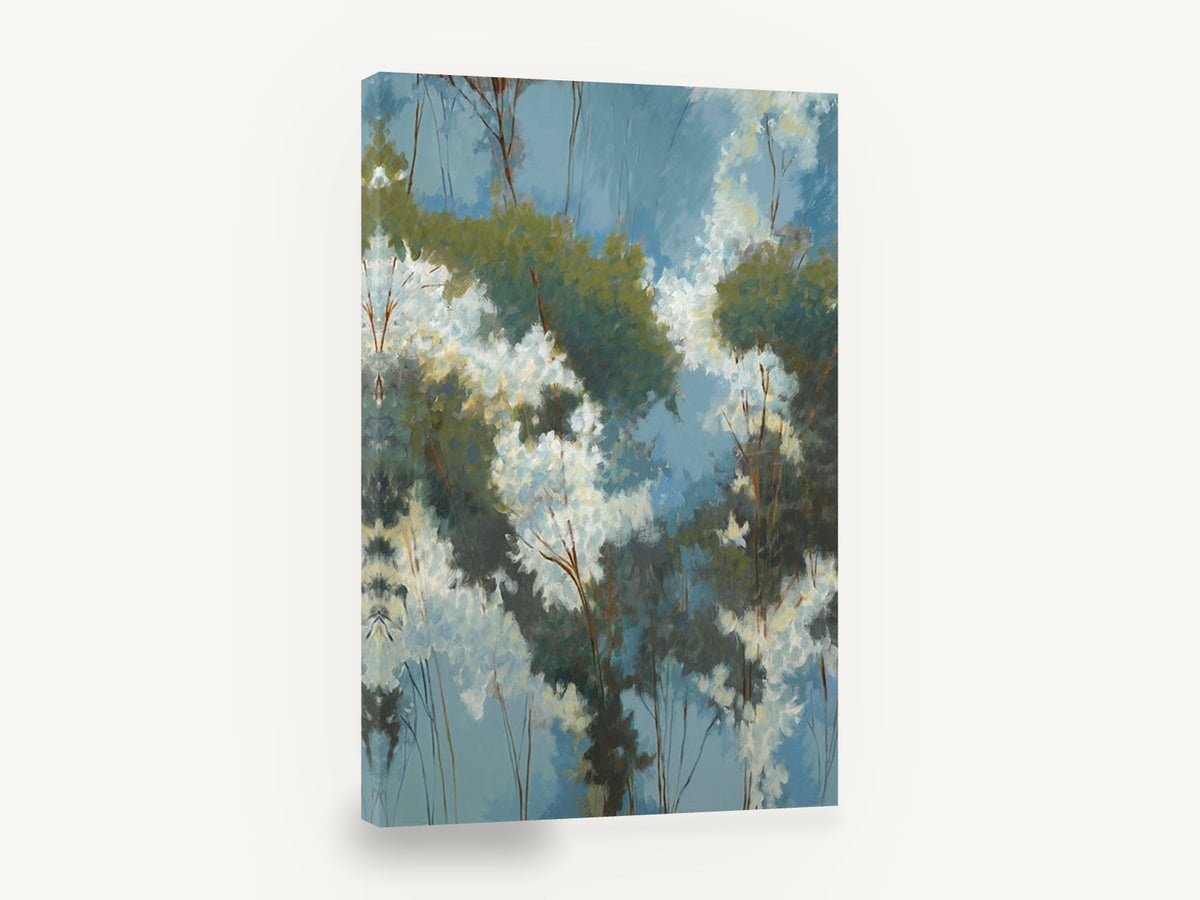 Blossom Canopy Blue, white blossom canopy blue sky painting, floral canvas wall art print ready to hang