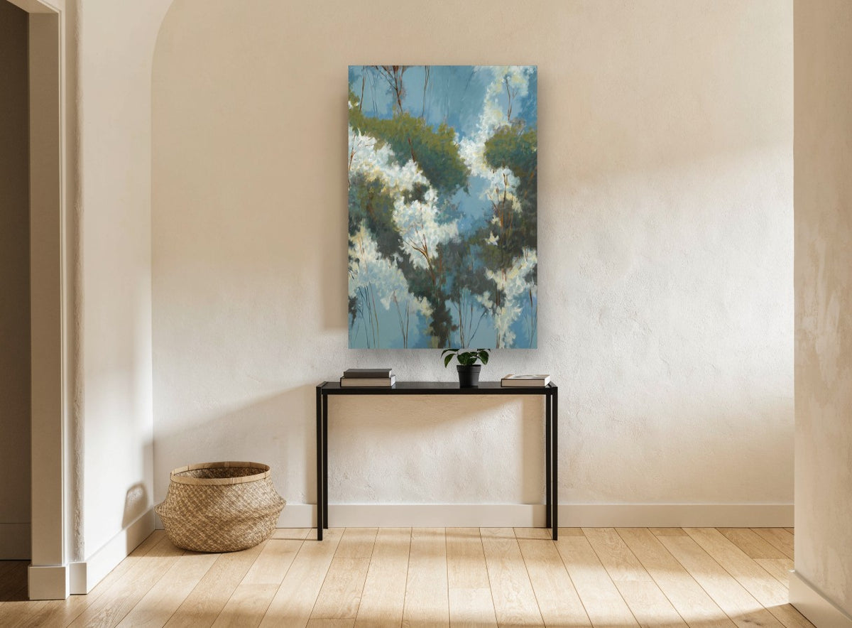 Blossom Canopy Blue floral canvas print on the wall of a hallway