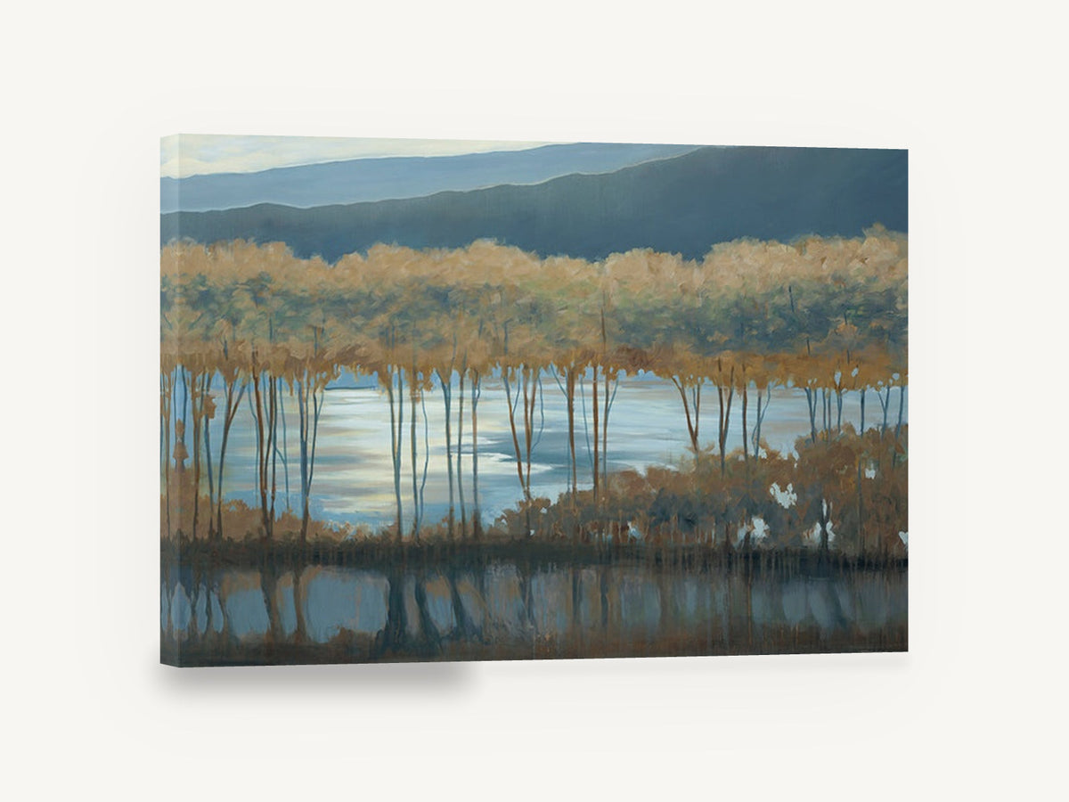 Silvered Lake Treeline, golden tree grove lake landscape, landscape canvas wall art print ready to hang