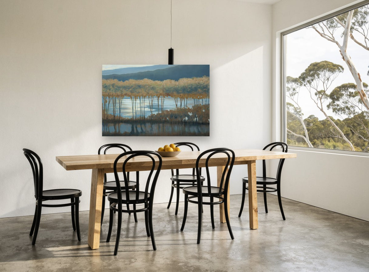Silvered Lake Treeline landscape canvas print on the wall of a dining room