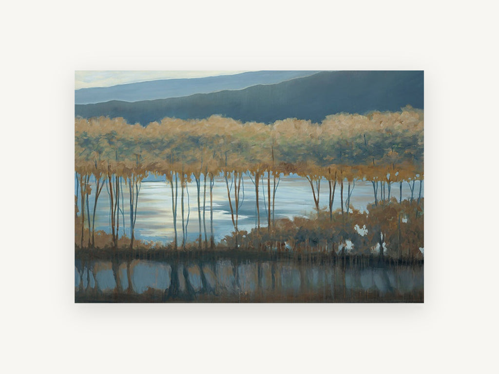 Silvered Lake Treeline, golden tree grove lake landscape, landscape canvas wall art print, front view