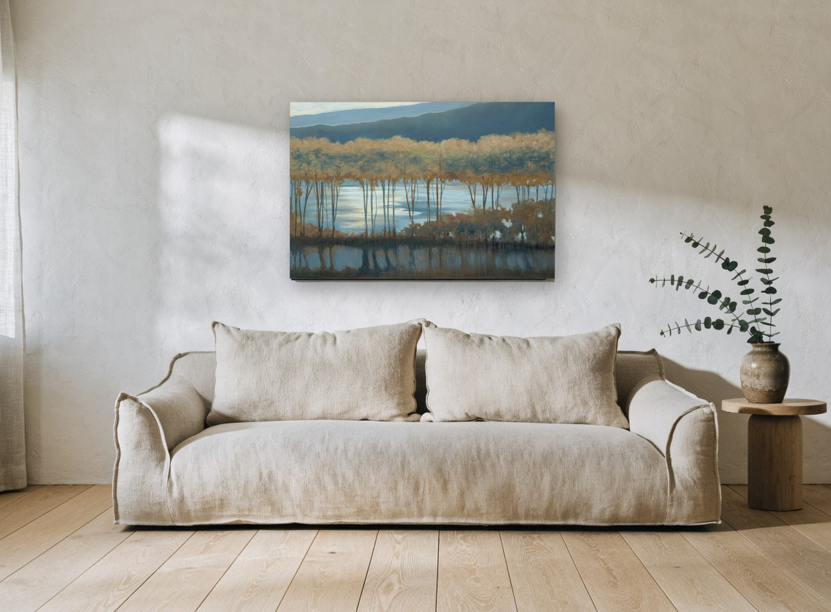 Silvered Lake Treeline landscape canvas print on the wall of a living room