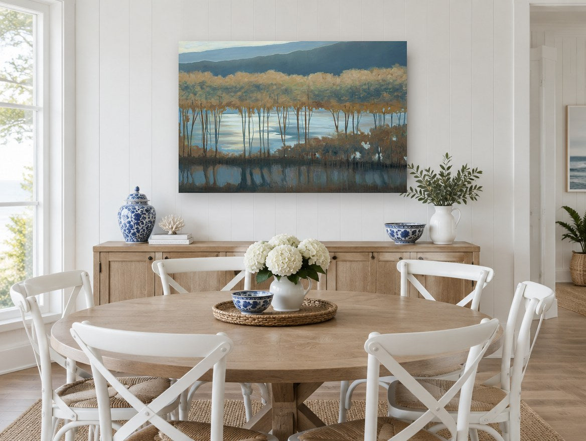 Silvered Lake Treeline landscape canvas print on the wall of a Hamptons dining room