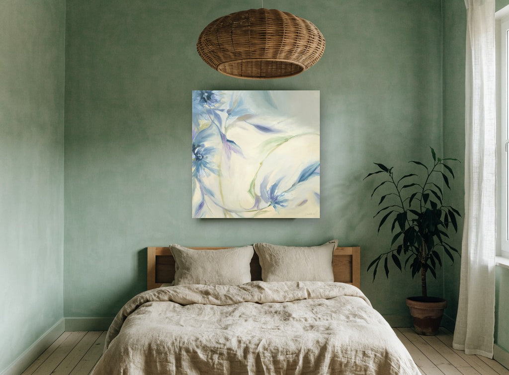 Blue Drift Blooms floral canvas print on the wall of a bedroom