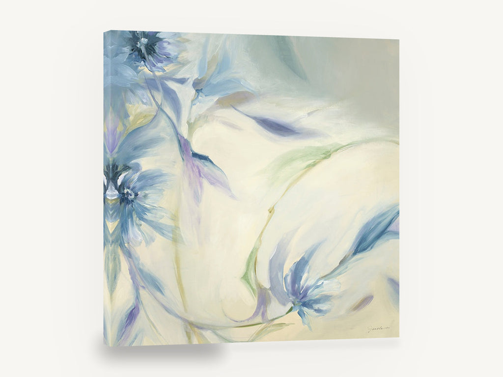 Blue Drift Blooms, blue loose floral abstract painting, floral canvas wall art print ready to hang
