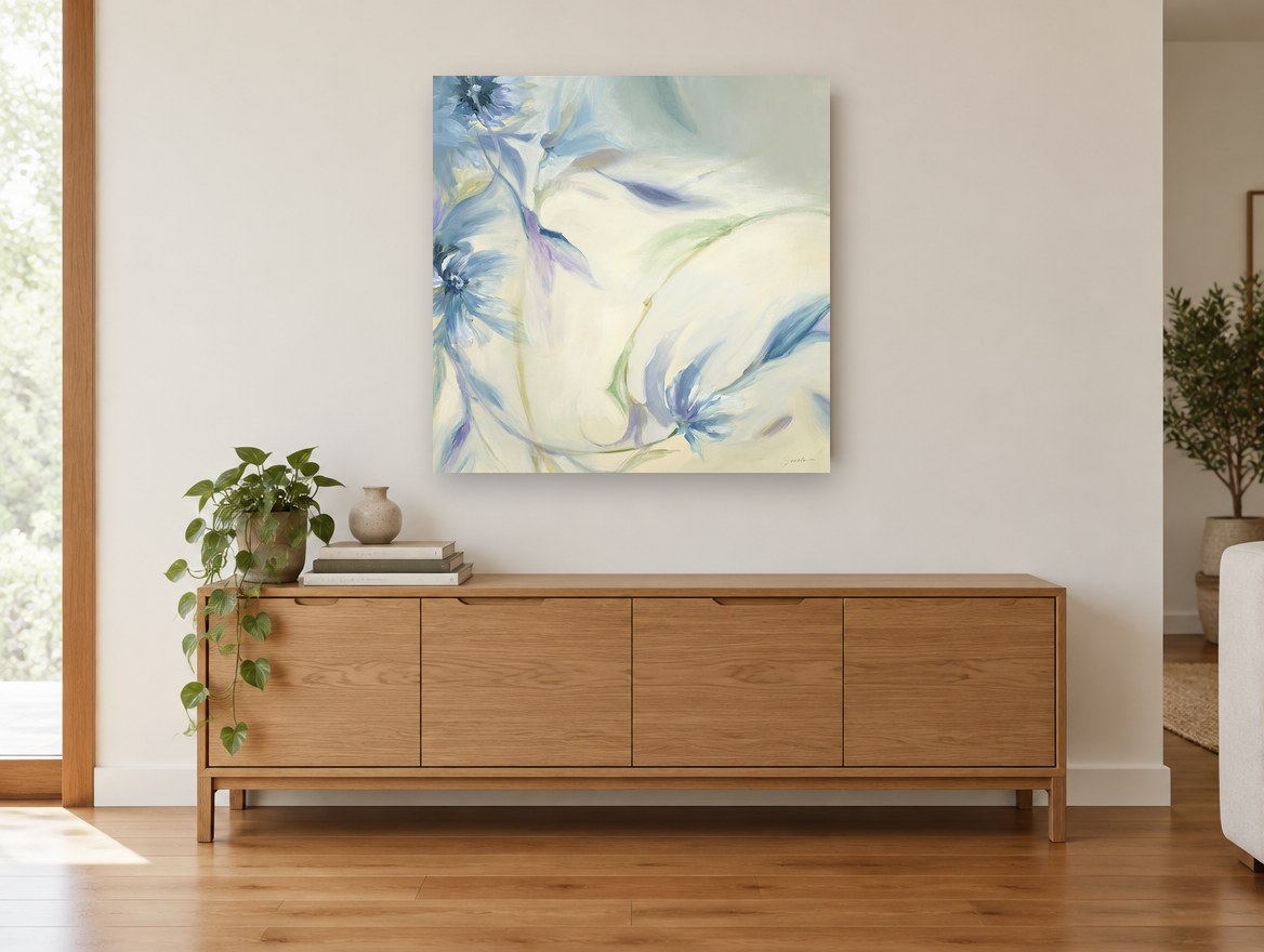 Blue Drift Blooms floral canvas print on the wall of a living room above a sideboard