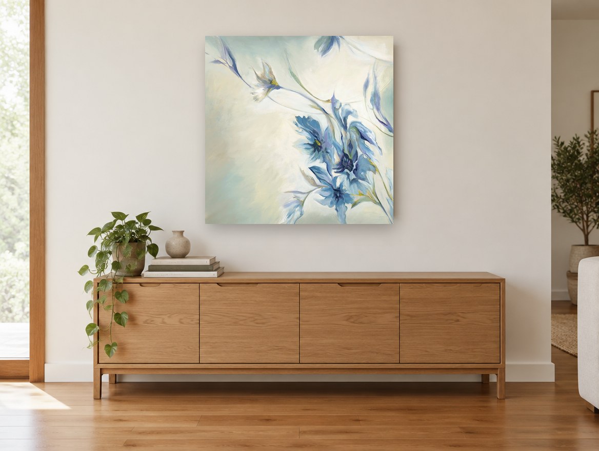 Windswept Blue Blooms floral canvas print on the wall of a living room above a sideboard
