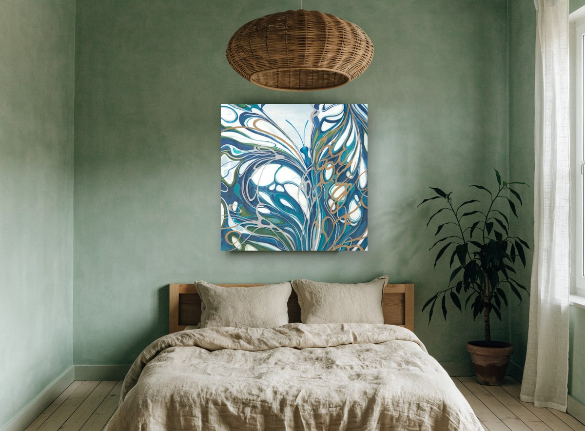 Teal Wing Swirl animal canvas print on the wall of a bedroom