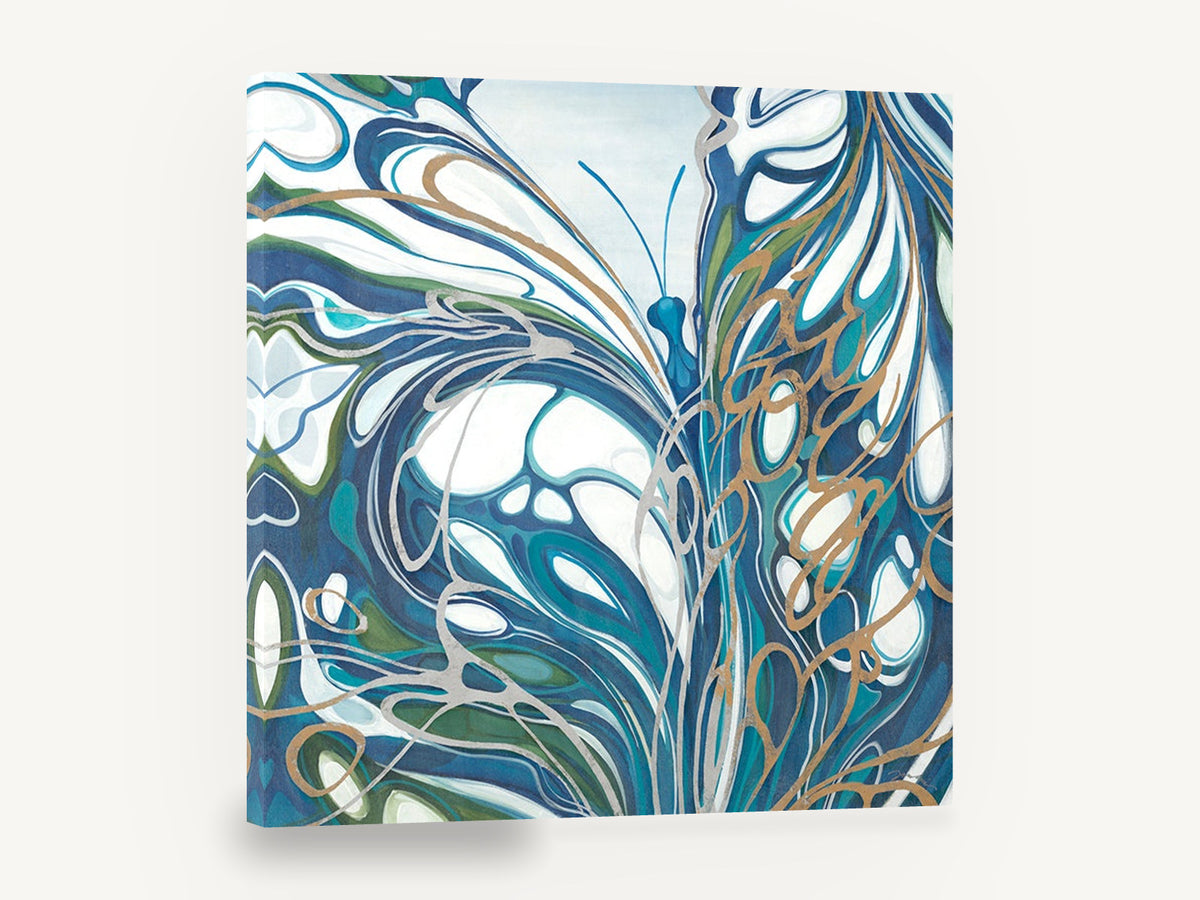 Teal Wing Swirl, abstract blue butterfly illustration, animal canvas wall art print ready to hang