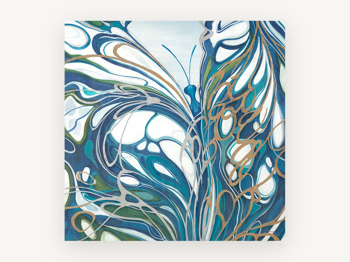 Teal Wing Swirl, abstract blue butterfly illustration, animal canvas wall art print, front view