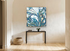 Teal Wing Swirl animal canvas print on the wall of a hallway