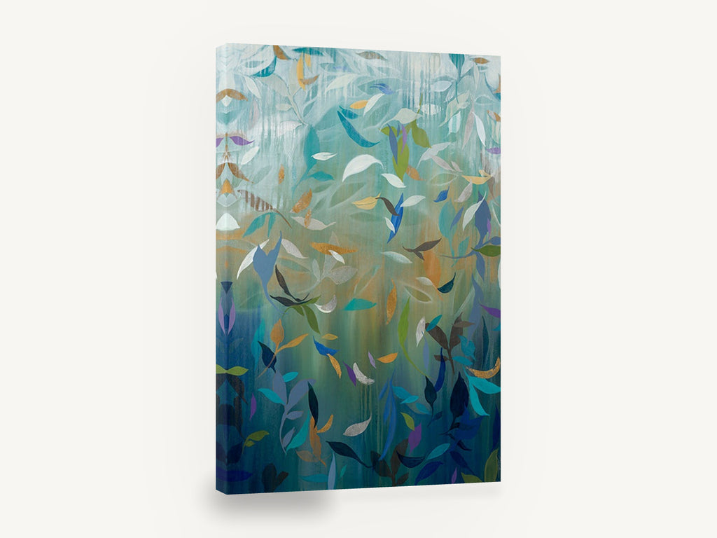 Leaves in Teal Rain, falling leaves abstract teal botanical, floral canvas wall art print ready to hang